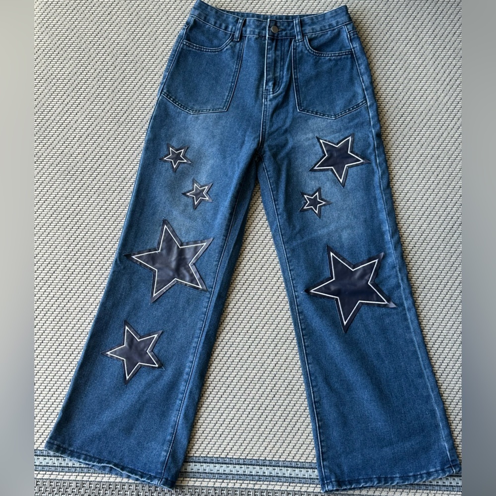 Women's Blue Star-Embellished Wide Leg Jeans